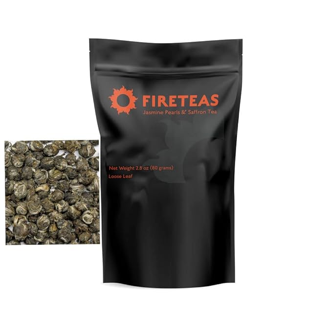 FIRE TEAS Imperial Jasmine Dragon Pearls Tea with Saffron - Rolled Green Tea Pearls Delicious Strong Aroma &amp Taste