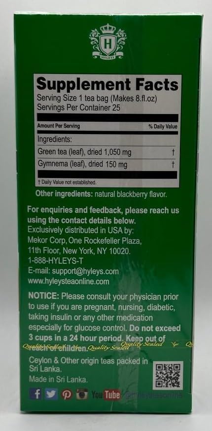 Hyleys Gymnema Sylvestre with Green Tea - Blackberry Flavor - 25 Tea Bags (6 Pack - 150 Tea Bags Total)