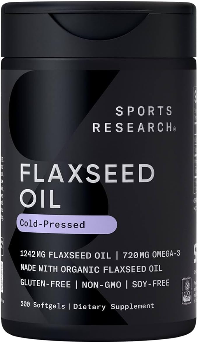 Sports Research Organic Flaxseed Oil Softgels 1242mg - Plant Based Omega 3 Supplement with 720mg ALA for Women &amp Men - Non-GMO Soy &amp Gluten Free (200 Count)