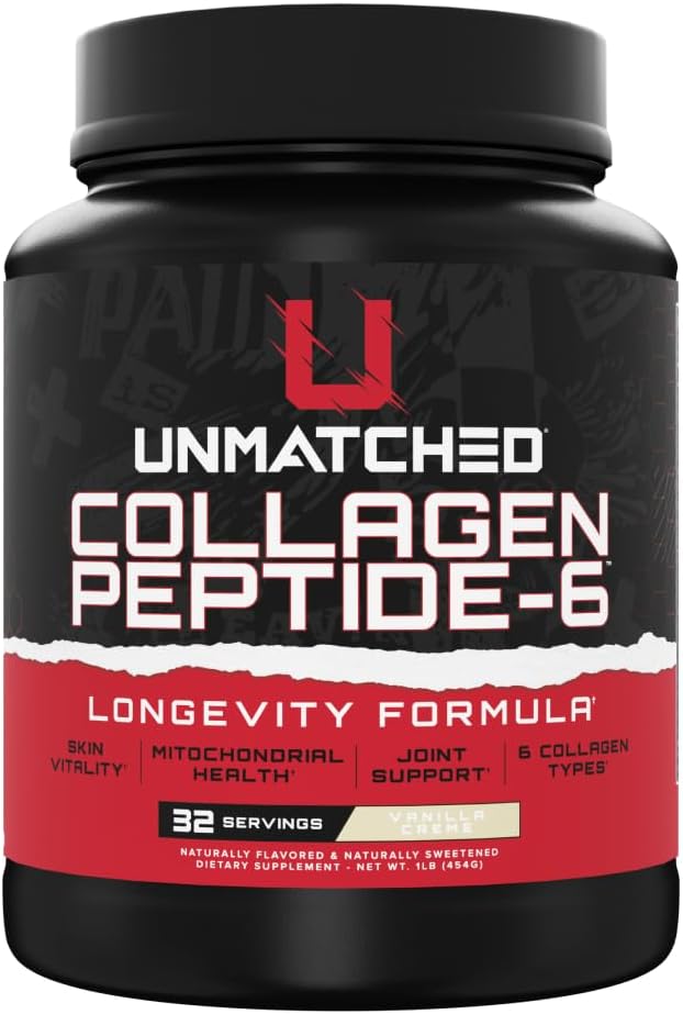 Unmatched Collagen Peptide-6 | Multi-Source Collagen Powder with Vitamin C Biotin &amp Hyaluronic Acid | Supports Skin &amp Joint Health | 32 Servings (Vanilla Creme)