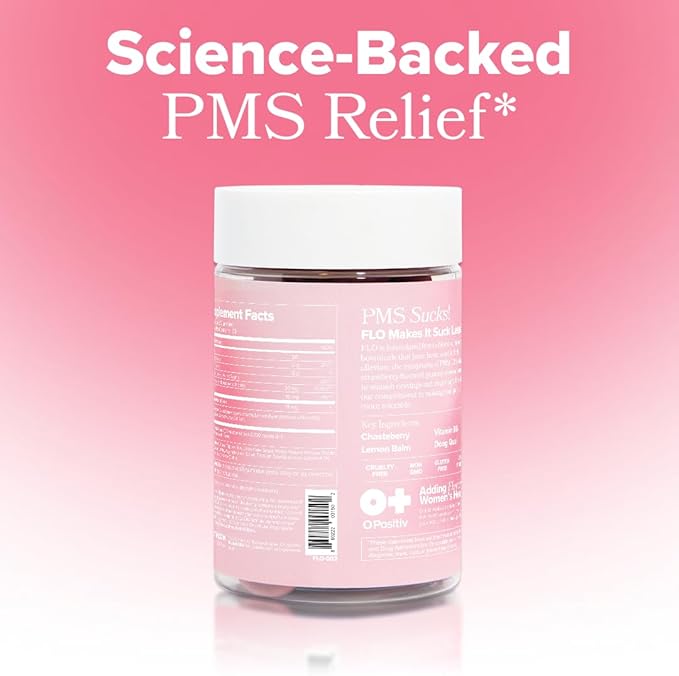 O Positiv FLO PMS Gummies for Women - Proactive PMS Relief - Targets Hormonal Breakouts Bloating Cramps &amp Mood Swings with Chasteberry Vitamin B6 &amp Lemon Balm - PMS Gummies (Pack of 1)