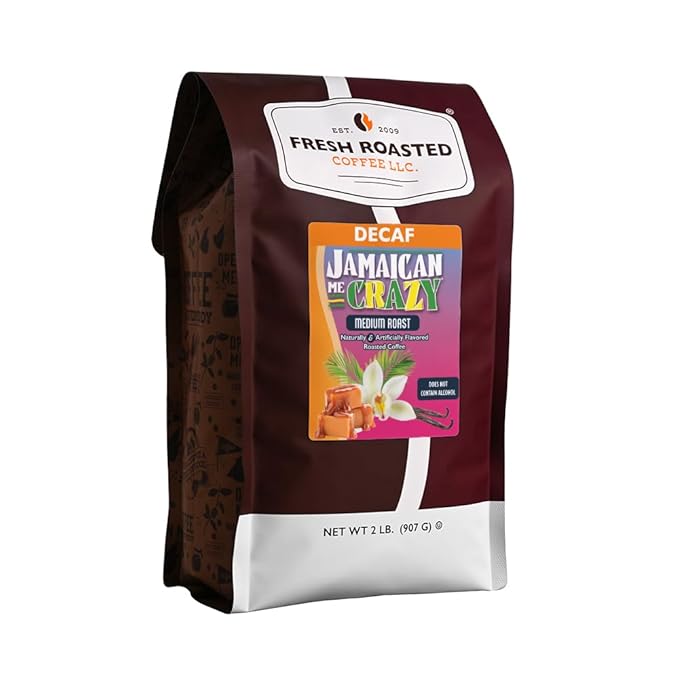 Fresh Roasted Coffee Decaf Jamaican Me Crazy Flavored Coffee 2 lb (32 oz) Medium Roast Kosher Whole Bean