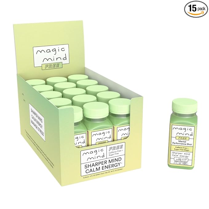 Magic Mind FREE Energy and Focus Drink Shots - Stress Relieving No Jitters Ashwagandha Vitamin B12 Vitamin C Matcha Green Tea Functional Mushrooms Caffeine Free - 2 FL Oz (15 Pack)