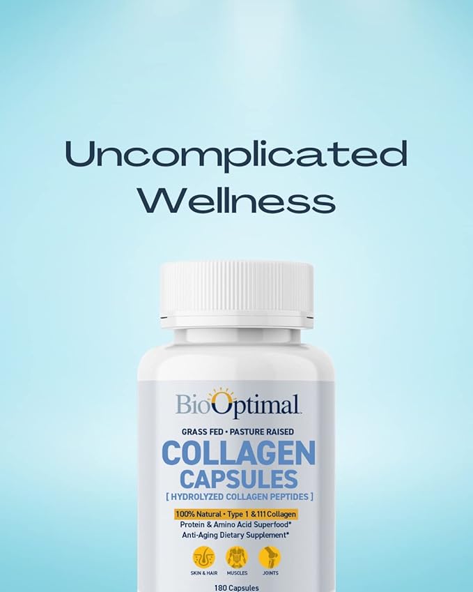 BioOptimal Collagen Peptides Capsules - Grass-Fed Pasture-Raised Hydrolyzed Protein Supplement for Skin Hair &amp Nails - Non-GMO Zero Sugar Daily Pills for Men &amp Women (180 Capsules)