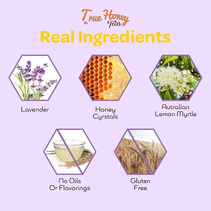 True Honey Lavender Lemonade Tea Bags - Tranquil Tea for Sleep Stress Relief and Calm - All Natural Organic Lemon Myrtle Herbal Caffeine-Free Blended with Honey Crystals - 24 Count