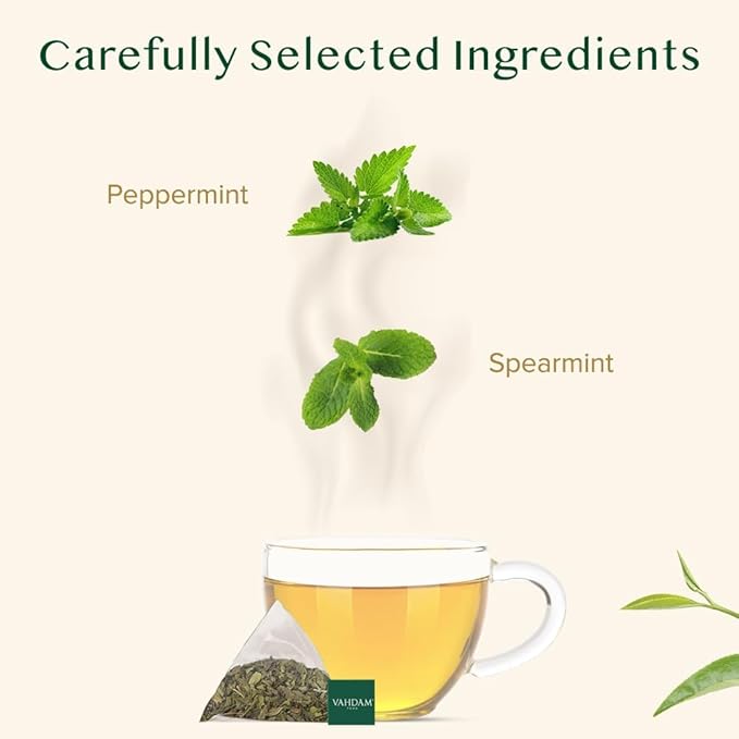 VAHDAM Pure Mint Herbal Tea (100 Pyramid Tea Bags) Caffeine Free Non GMO Gluten Free | Blend of Spearmint &amp Peppermint - Sweet &amp Minty | Resealable Ziplock Pouch