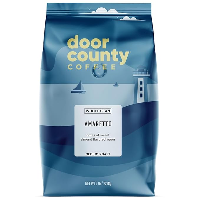 Door County Coffee Amaretto Flavored Coffee Whole Bean - 5lb Bag - Medium Roast - 100% Specialty Arabica - Gourmet - Sweet Almond Liquor Flavored