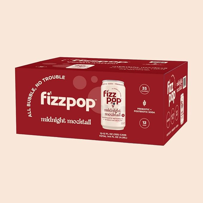 Fizz Pop Metabolic Sparkling Postbiotic and Prebiotic Soda Pop Gut Health Seltzer Water Fiber Drink Metabolism Booster Midnight Mocktail Flavor 12 oz Cans (Pack of 12)