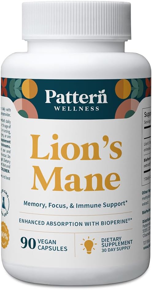 Pattern Wellness Lion’s Mane Mushroom – Supplement Capsules for Cognitive &amp Focus Support – Enhanced Absorption – 90 Vegan Capsules