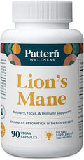 Pattern Wellness Lion’s Mane Mushroom – Supplement Capsules for Cognitive &amp Focus Support – Enhanced Absorption – 90 Vegan Capsules