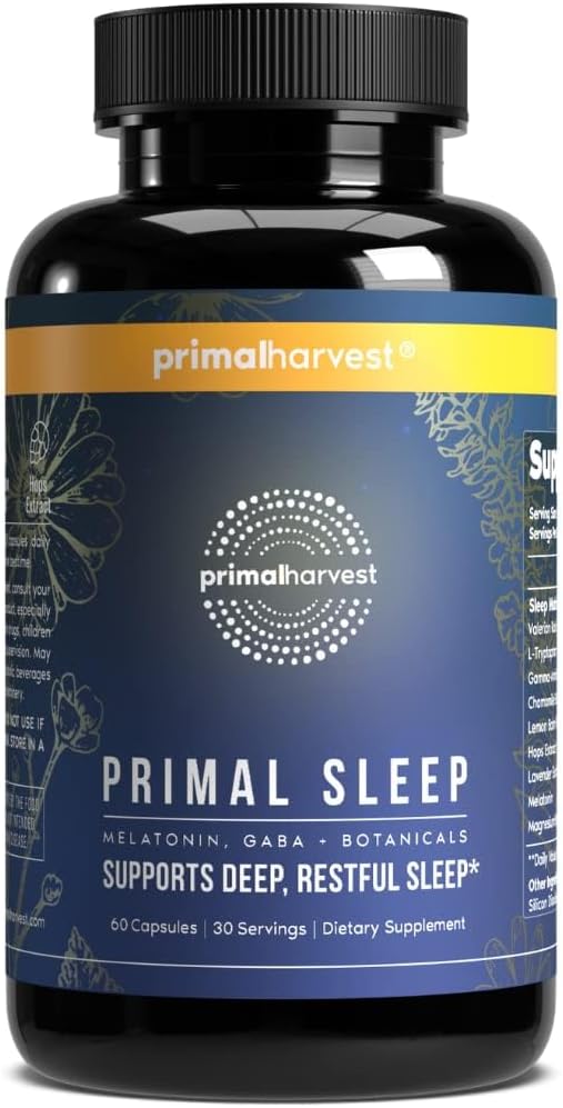Primal Harvest Primal Sleep Support Supplement for Adults with Melatonin GABA Valerian Root L-Tryptophan Magnesium Bisglycinate Chelate and Chamomile for Deep Restful Sleep