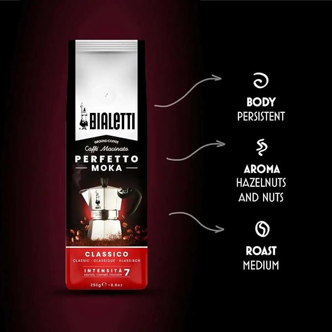 Bialetti - Perfetto Moka Classico: Medium roast ground coffee hazelnut and dried fruit aroma 250g x 6 bag with aroma valve