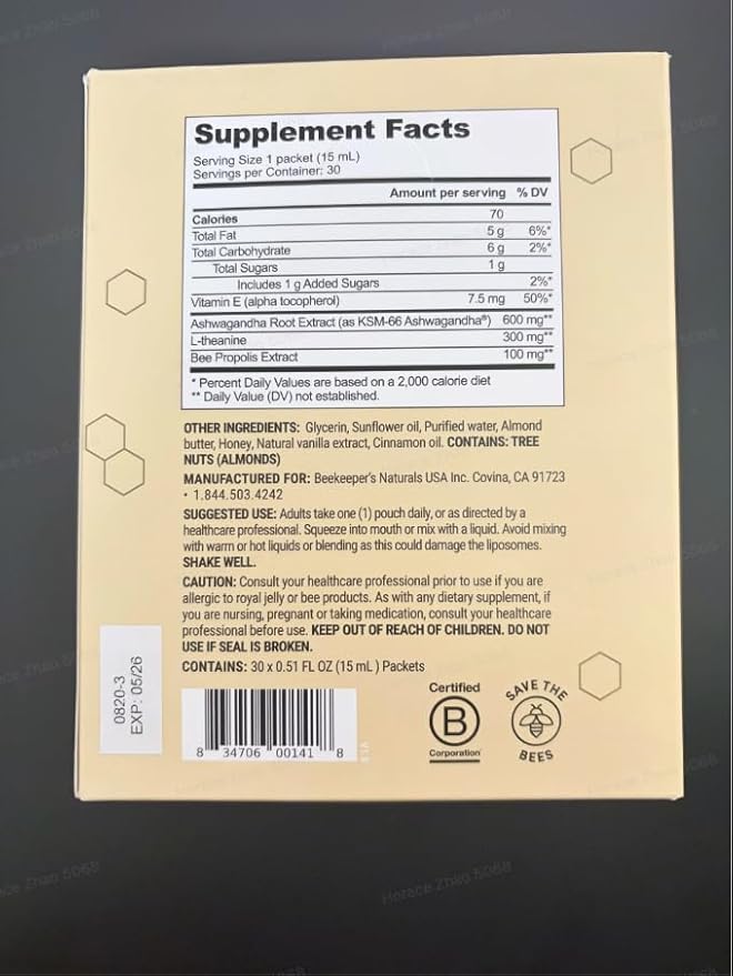 Ashwagandha Liposomal Stress Support by Beekeeper's Naturals 600mg with Propolis L-Theanine Anti-Stress Support for Calm &amp Relaxation 30ct