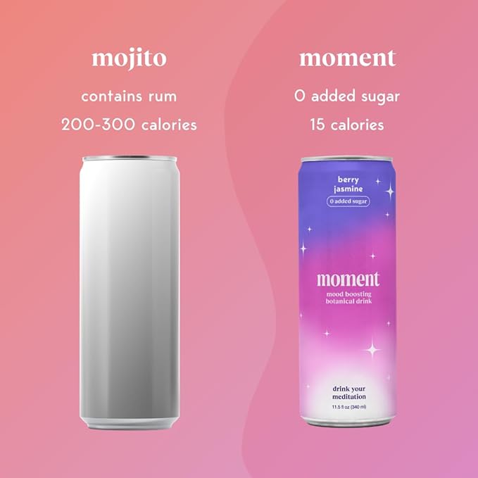 Moment Botanical Soda Soft Drink (Shark Tank) - SPARKLING Non Alcoholic Drinks | Berry Jasmine | L-Theanine &amp Ashwagandha for Calm &amp Clarity | 0 Added Sugar 0 Caffeine | 12-pack