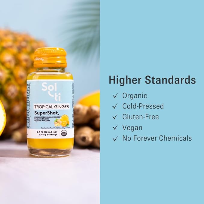 Sol-ti Organic Tropical Ginger SuperShot Drink Aids in Collagen Production and Promotes Skin Elasticity SuperFood Cold-Pressed Fruit Juice Blend 12 Pack (2.1 Fl oz)
