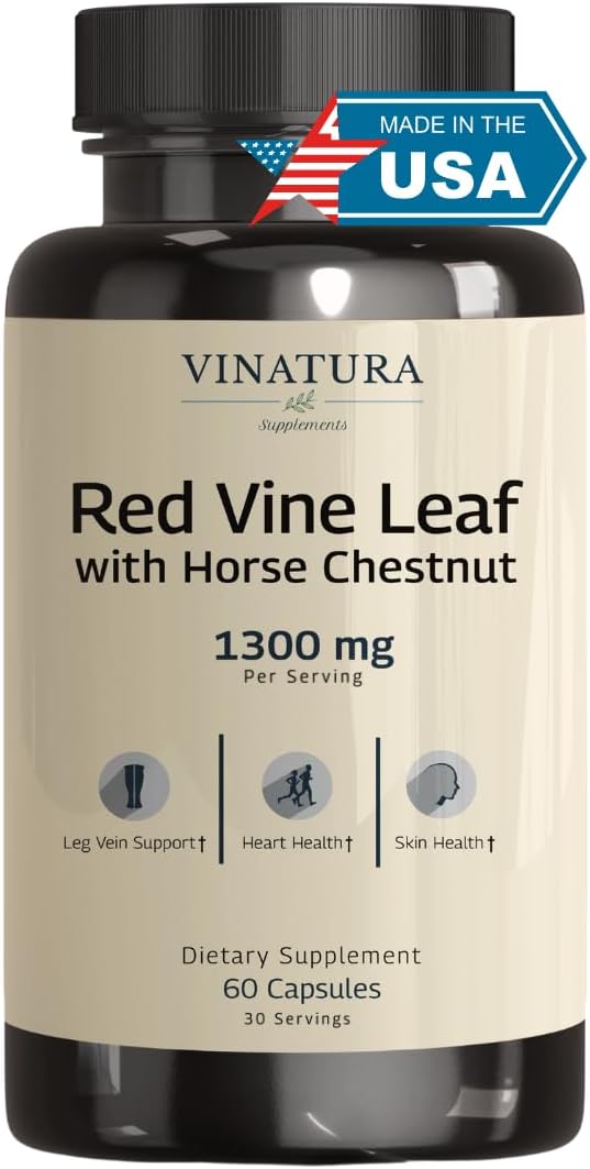 VINATURA Red Vine Leaf Extract - Horse Chestnut 1300mg/serving *USA Made and Tested* Circulation and Vein Support for Healthy Legs - Helps Blood Flow Leg Circulation - 60 Capsules (30 Servings)