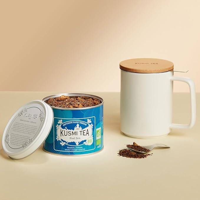 Kusmi Tea - Feel Zen - Organic Herbal Tea Blend of Rooibos with Notes of Apple Lemon Orange &amp Caramel - Caffeine Free Tea - Loose Leaf Tea - Tin Box of 3.5 oz - Quantity for about 50 cups