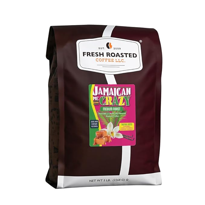 Fresh Roasted Coffee Jamaican Me Crazy Flavored Coffee 5 lb (80 oz) Medium Roast Kosher Ground