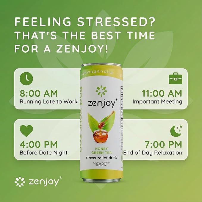Stress Relief Drink Calming Green Tea Non Alcoholic Ashwagandha &amp Lemon Balm for Stress Relief L - Theanine for Focus (12 Pack) (Honey)