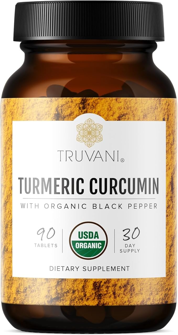 Truvani Organic Turmeric Curcumin Tablets 1350 mg Each - Natural Joint Support with Black Pepper for Absorption - 90 Tablets