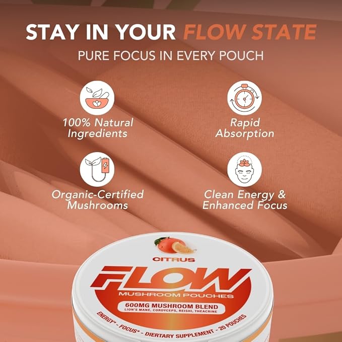 Mushroom Nootropic Pouches - 600mg Organic Mushroom Energy Ultra Pouches with Lion's Mane Reishi Cordyceps for Focus &amp Clean Energy - Zero Caffeine or Sugar (5 Can Pack Citrus)