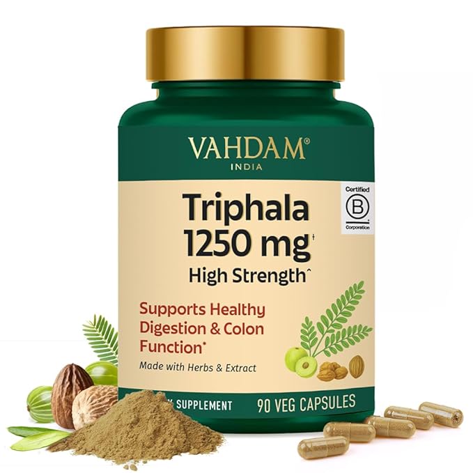 VAHDAM Triphala Capsules 1250 mg - High Strength Supplement with Amla Bibhitaki Haritaki Extract | Supports Healthy Digestion &amp Colon Function | 90 Capsules