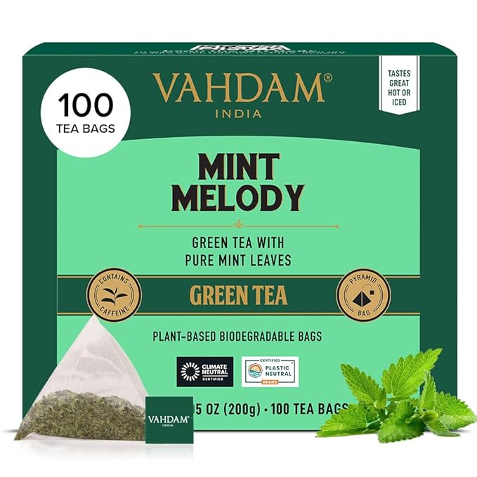 VAHDAM Mint Green Tea Bags (100 Count) 100% Pure Leaf Tea High Grown Low Caffeine Non GMO Gluten Free | Plant-Based Pyramid Tea Bags | Direct from Source