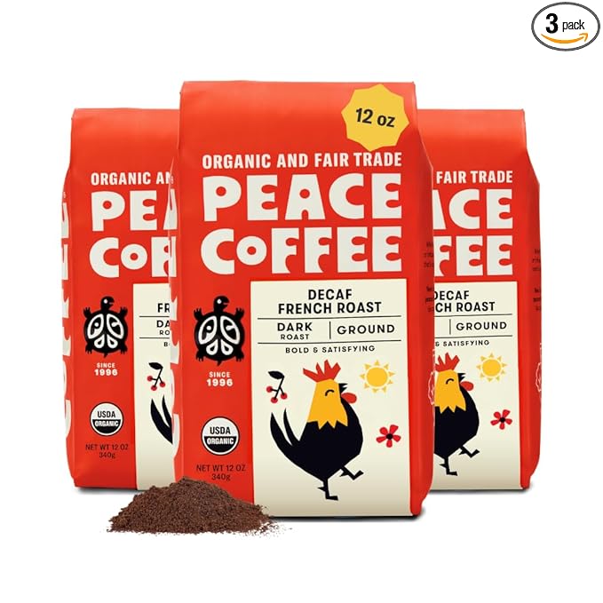 Peace Coffee Decaf French Roast Ground Dark Roast Coffee 12 oz Pack of 3 Organic Fair Trade Nutty Bold Flavor Shade Grown Fresh Roasted