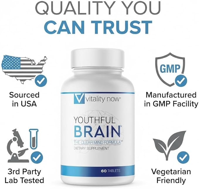 Youthful Brain | Memory &amp Brain Health Support Supplement with Bacopa Monnieri Ginkgo Biloba B12 - Easy to Swallow Tablets - 30-Day Supply (60 Count)