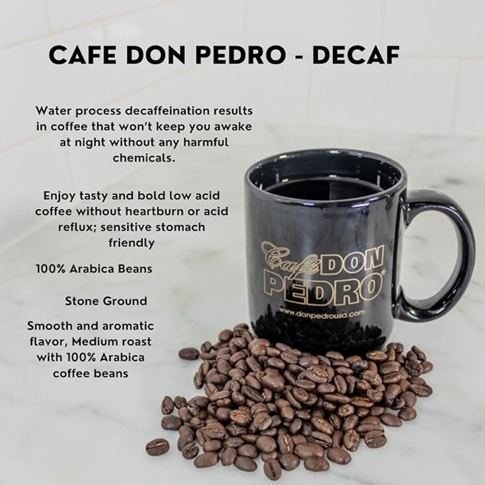 Cafe Don Pedro Decaf American Roast Naturally Low Acid Coffee Medium Roast Stone Ground Coffee Stomach Friendly Prevents Acid Reflux. 11.5 Ounce Regular Can Decaffeinated (4 Cans)