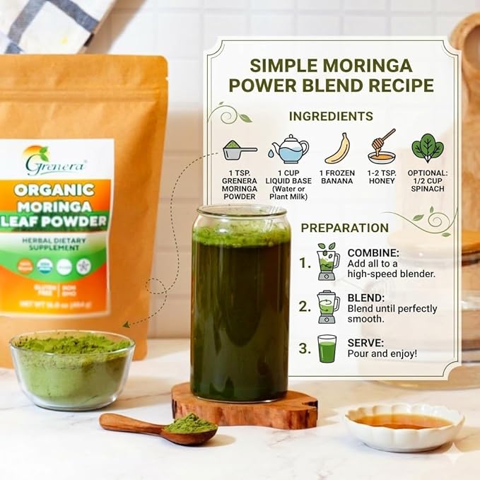 Grenera Organic Moringa Powder - 2.2 lbs (35.2 oz) | Moringa Oleifera Leaf Powder Lab Tested for Purity | Moringa Powder Organic Perfect for Smoothies Drinks Tea &amp Recipes | 100% Raw from India
