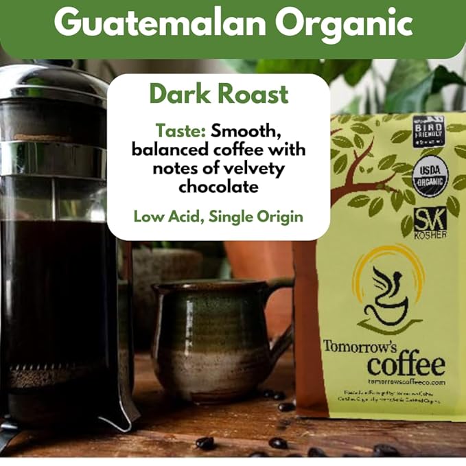 Tomorrow's Coffee Organic Smithsonian Bird Friendly Certified Fair Trade Shade Grown Coffee Dark French Roast with chocolate flavor | Sustains Amazon Rainforest Compostable Bag Eco-Friendly Pack