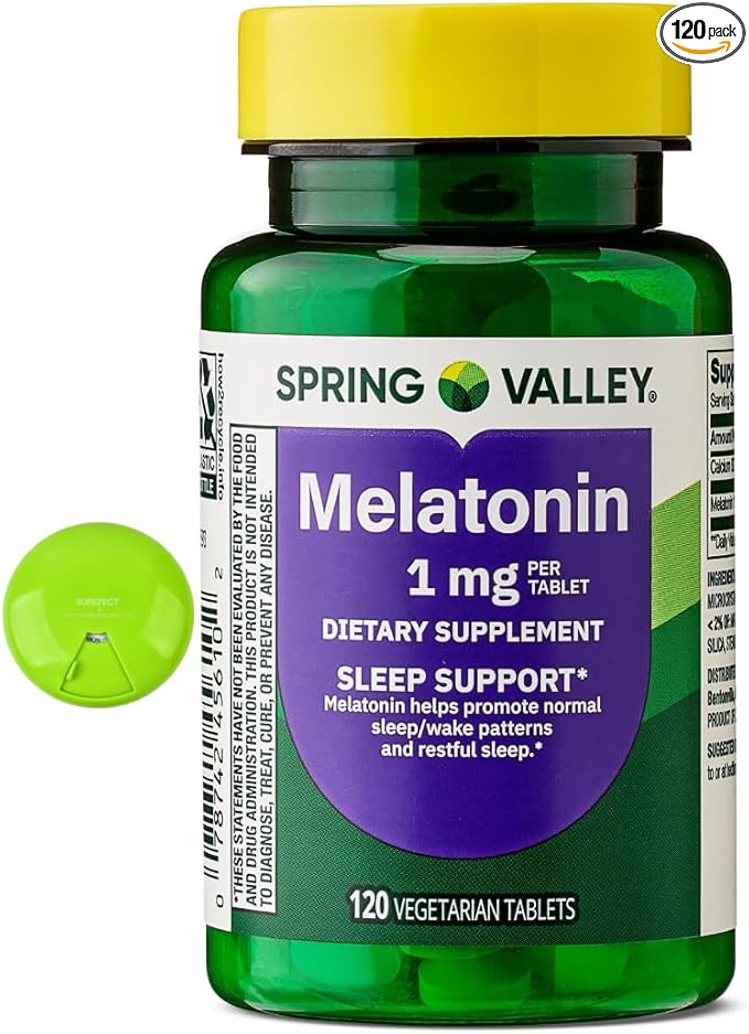 SUREFECT Spring Valley Melatonin 1mg - 120 Vegetarian Tablets - Sleep Support - Helps Maintain Normal Sleep/Wake Cycle Organizer