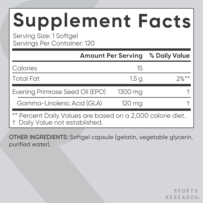 Sports Research Evening Primrose Supplement from Cold Pressed Oil - Softgels for Women’s Health &amp Skin Health - Gluten Free &amp Non-GMO GLA - High Potency 1300mg 120 Count