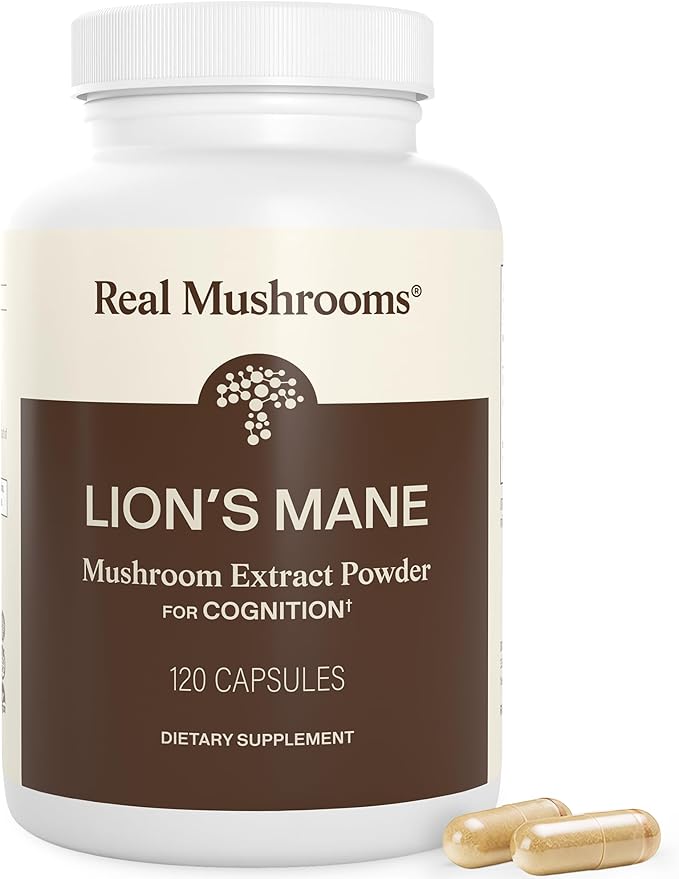 Real Mushrooms Lions Mane Mushroom Cognition (120 Capsules) Lions Mane Mushroom Powder Extract Capsules | Brain Supplement Brain Vitamins Focus Supplement