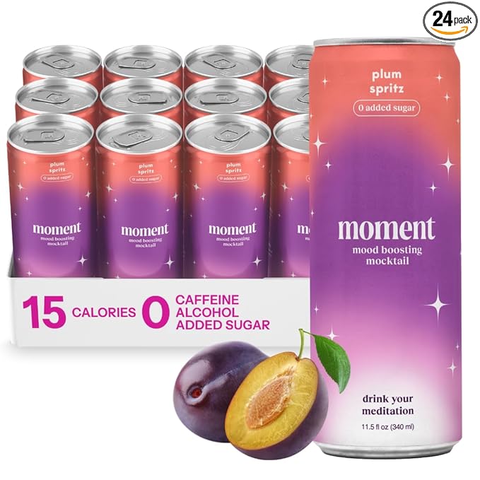 Moment Mocktails Non Alcoholic Drinks (Shark Tank) | SPARKLING Plum Spritz Adaptogen Drink | L-Theanine &amp Ashwagandha for Calm &amp Clarity | 0 Added Sugar 0 Caffeine | 24-pack