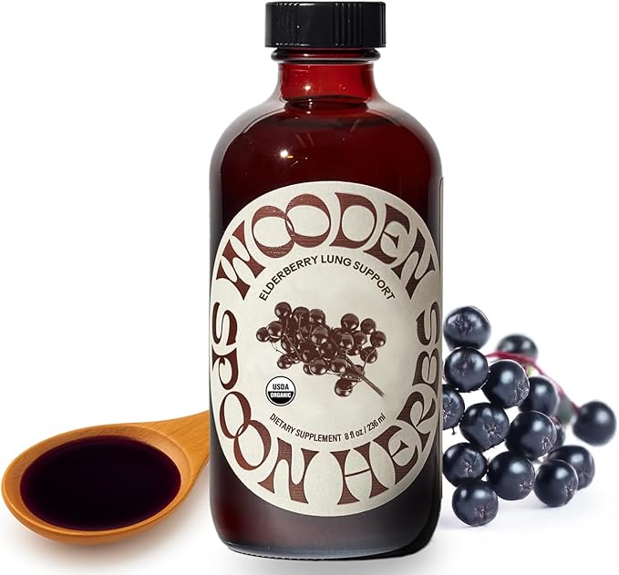 Wooden Spoon Herbs Elderberry Syrup | USDA Certified Organic Lung &amp Immune Support Tonic | Elderberry Syrup Blended with 6 Respiratory &amp Immune Support Herbs | Gluten-Free Non-GMO Vegan | 8