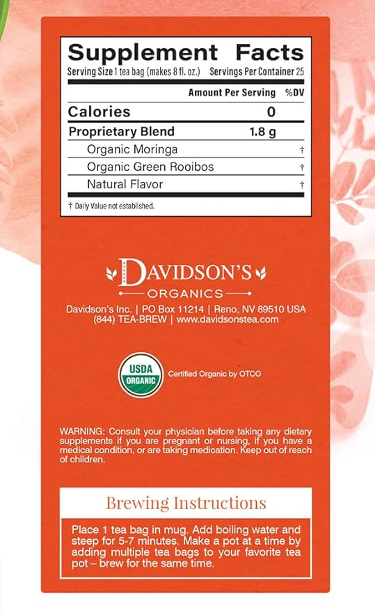Davidson's Organics Moringa Mango Peach 25-count Tea Bags Pack of 6