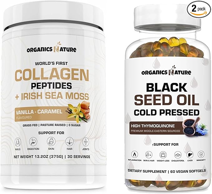 ORGANICS NATURE Collagen with Sea Moss Vanilla Caramel &amp Black Seed Oil Caps. 1000MG Softgels Bundle.