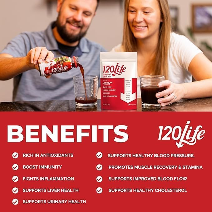 120LIFE Blood Pressure Support Natural Beet Root Powder Drink Mix with Pomegranate Powder Cranberry Supplement Tart Cherry Hibiscus and Magnesium (28 Servings) - Gluten-Free Vegan
