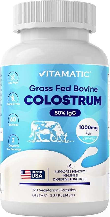 Vitamatic Bovine Colostrum Supplement 1000 mg per Serving - 50% Highest IgG - Supplement for Gut Health Hair Growth Beauty Muscle Recovery &amp Immune Support - 120 Capsules