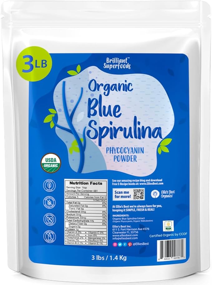 Ellie's Best Organic Blue Spirulina Powder Superfood Supplement - Odorless - 3LB Bulk - Vegan Non GMO Gluten-Free Dairy-Free Brilliant Blue Food Coloring - Pure Water Extracted