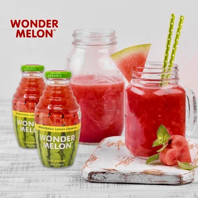 Wonder Melon Organic Watermelon Juice Cold Pressed (Variety 6 Pack) 3 With Basil Cucumber &amp 3 With Lemon Cayenne