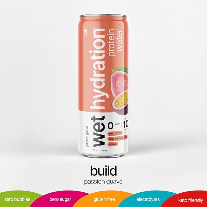 Wet Hydration | Functional Wellness Water Non-Carbonated - Passion Guava (12 fl. oz. / 355ml Cans Pack of 12) - Zero Calorie Hydration Drink with Electrolytes Clear Whey Protein BCAAs Protein Wat