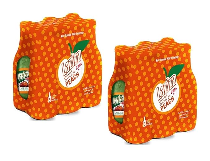 Lazizaa Peach Flavor Malt Beverage Non Alcoholic Drink - Pack of 12 Glass Bottles 330ML - لذيذة مشروب شعير بنكهة الخوخ بدون كحول