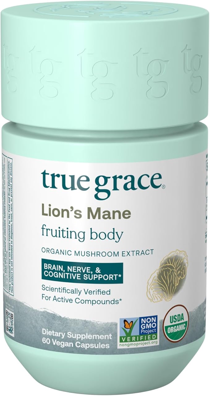 True Grace Mushroom Lion's Mane Brain Nerve &amp Cognitive Support - 60 Count Capsules - Organic