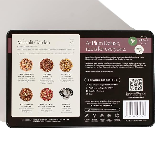 Moonlit Garden Collection Assorted Herbal Tea Gift Set - Hand-Crafted Loose Leaf Teas Presentation Gift Box with Loose Leaf Steeper Included Sleepytime Tea - 5 Unique and Flavorful Teas 75+ Cups