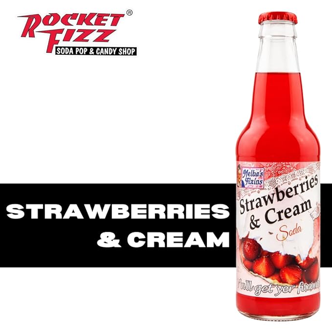 Rocket Fizz Melba's Fixins Strawberries &amp Cream Soda Flavor | Cane Sugar | Craft Soda Pop Drinks | 12 oz in Glass Bottle (6 Pack)