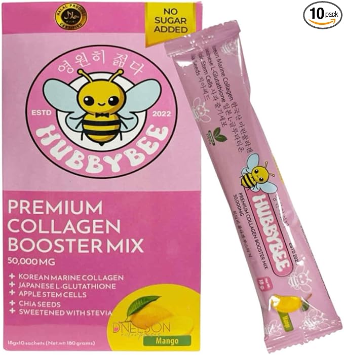 Hubby Bee Premium Collagen Booster Mix - 50000 MG Korean Hydrolyzed Marine Collagen with Japanese L-Glutathione &amp Apple Stem Cells - 10 Sachets (18g Each) (180g Mango)