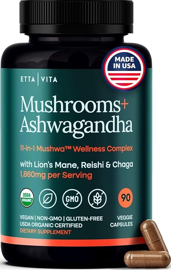USDA Organic Lions Mane Supplement Capsules with Ashwagandha Chaga Reishi Cordyceps Turkey Tail (18600mg/serv) 10x Adaptogenic Mushroom Complex as Focus Supplement - Energy Immunity &amp Nootro